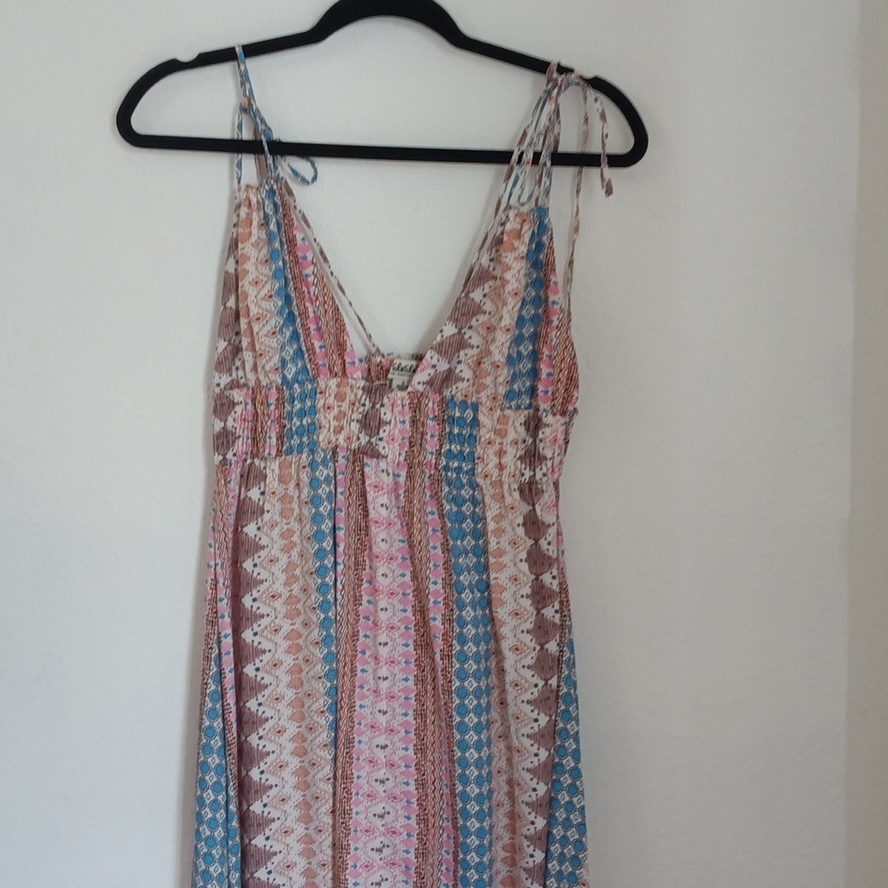 Lulu's Maxin' Smocked Blue Patchwork Print Babydoll Tie-Strap Maxi Dress Sz S - Picture 2 of 9